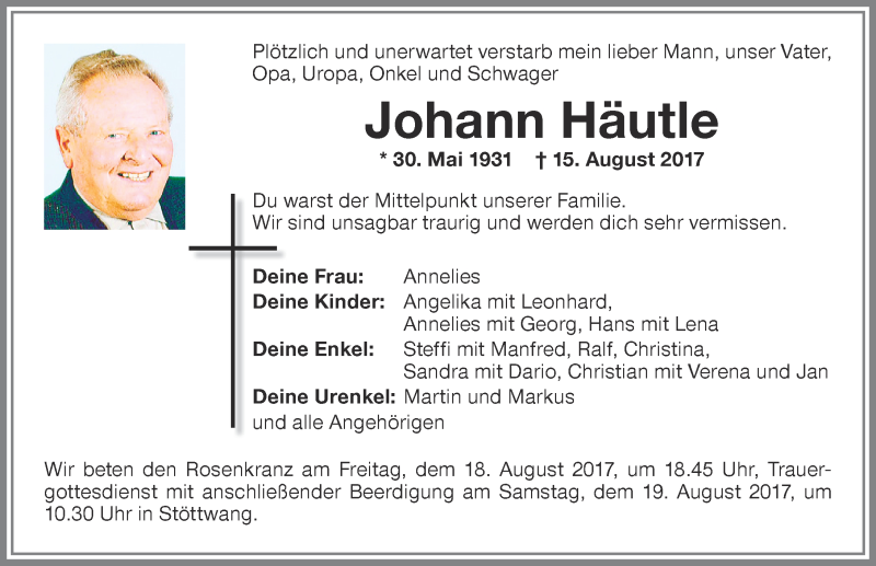 Traueranzeige von Johann Häutle von Allgäuer Zeitung, Kaufbeuren/Buchloe