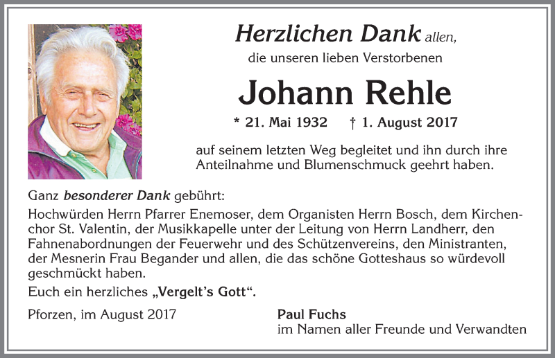 Traueranzeige von Johann Rehle von Allgäuer Zeitung, Kaufbeuren/Buchloe