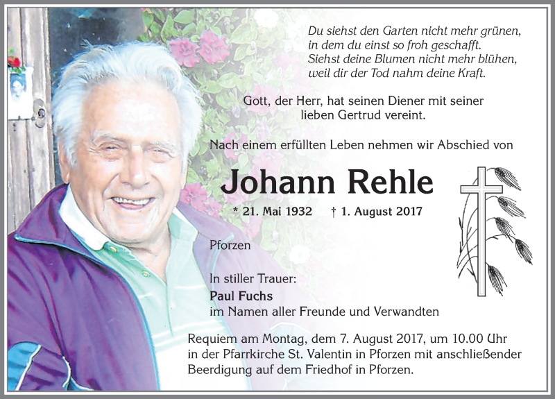 Traueranzeige von Johann Rehle von Allgäuer Zeitung, Kaufbeuren/Buchloe