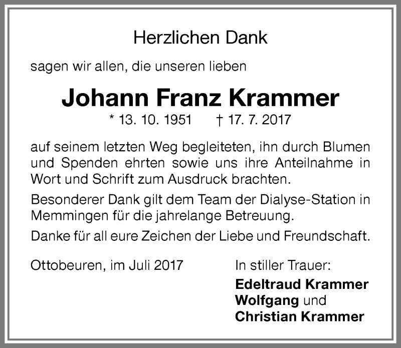 Traueranzeige von Johann Franz Krammer von Memminger Zeitung