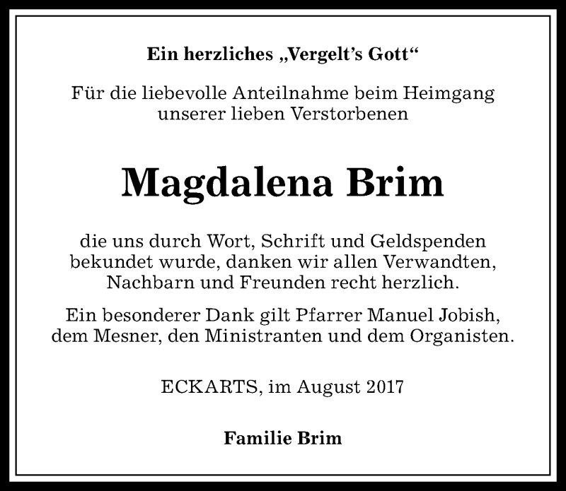 Traueranzeige von Magdalena Brim von Allgäuer Anzeigeblatt