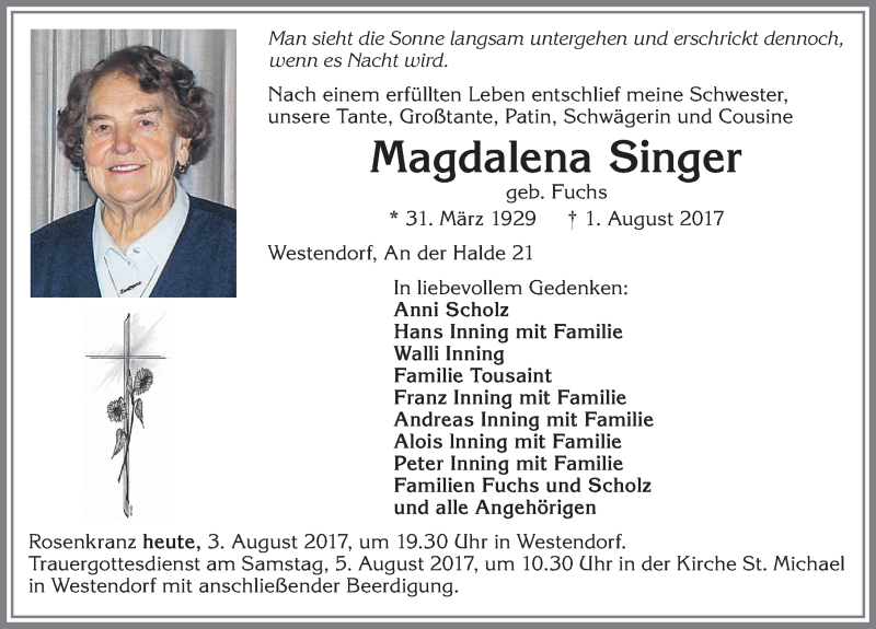 Traueranzeigen von Magdalena Singer | Augsburger Allgemeine Zeitung