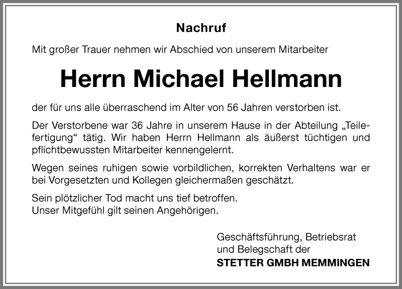 Traueranzeige von Michael Hellmann von Memminger Zeitung