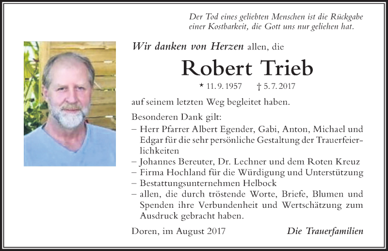 Traueranzeige von Robert Trieb von Der Westallgäuer