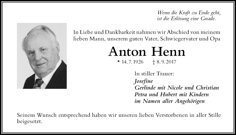 Traueranzeige von Anton Henn von Der Westallgäuer