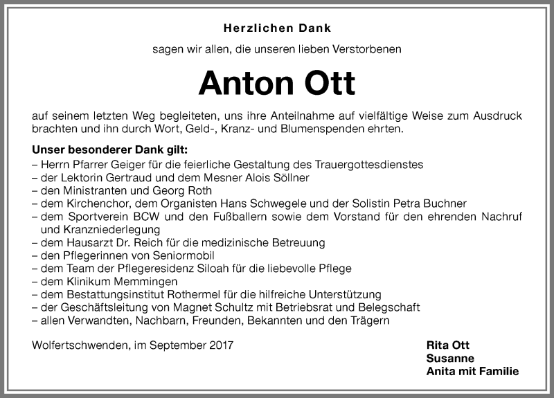 Traueranzeige von Anton Ott von Memminger Zeitung