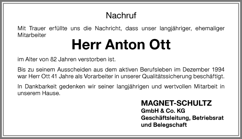 Traueranzeige von Anton Ott von Memminger Zeitung