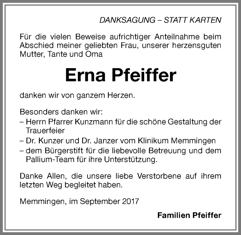 Traueranzeige von Erna Pfeiffer von Memminger Zeitung