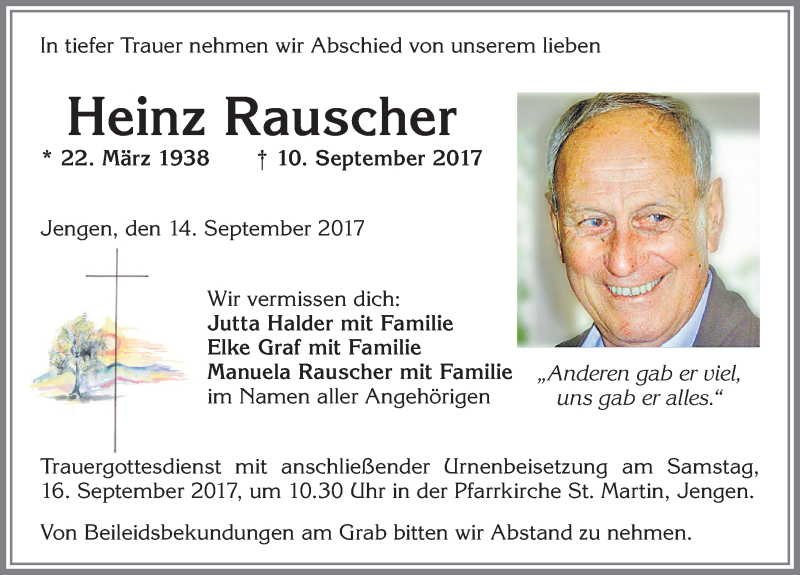 Traueranzeige von Heinz Rauscher von Allgäuer Zeitung, Kaufbeuren/Buchloe