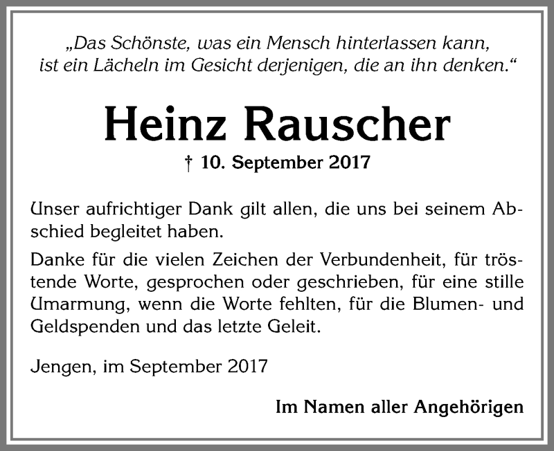 Traueranzeige von Heinz Rauscher von Allgäuer Zeitung, Kaufbeuren/Buchloe