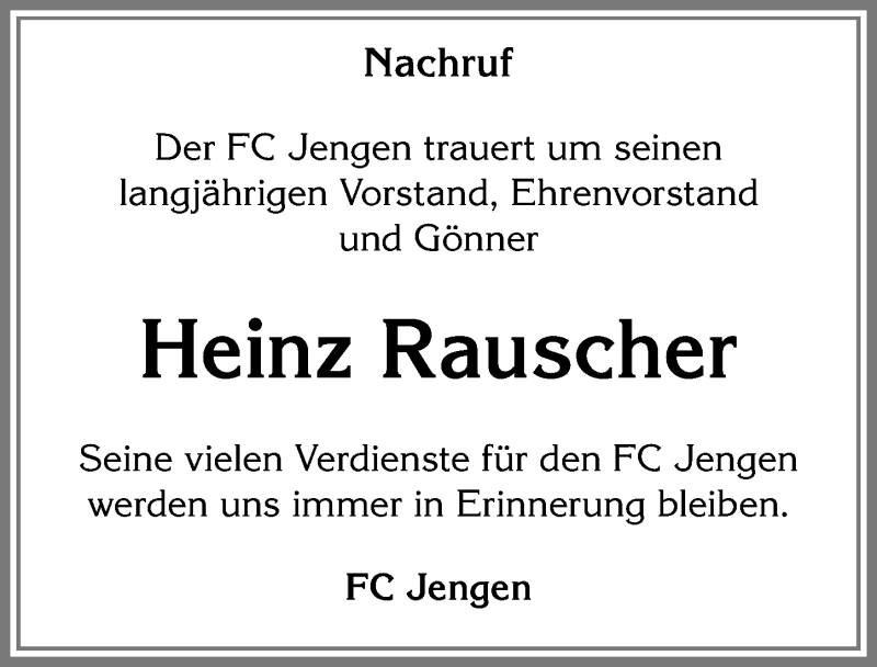 Traueranzeige von Heinz Rauscher von Allgäuer Zeitung, Kaufbeuren/Buchloe