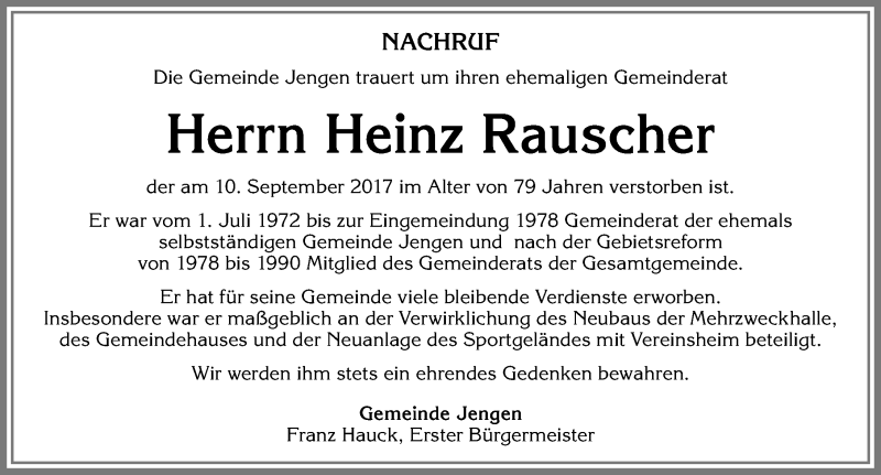 Traueranzeige von Heinz Rauscher von Allgäuer Zeitung, Kaufbeuren/Buchloe