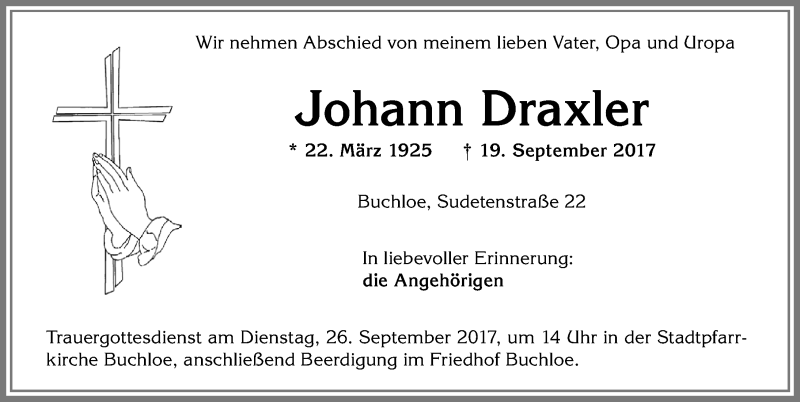 Traueranzeige von Johann Draxler von Allgäuer Zeitung, Kaufbeuren/Buchloe