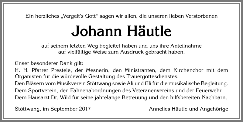 Traueranzeige von Johann Häutle von Allgäuer Zeitung, Kaufbeuren/Buchloe