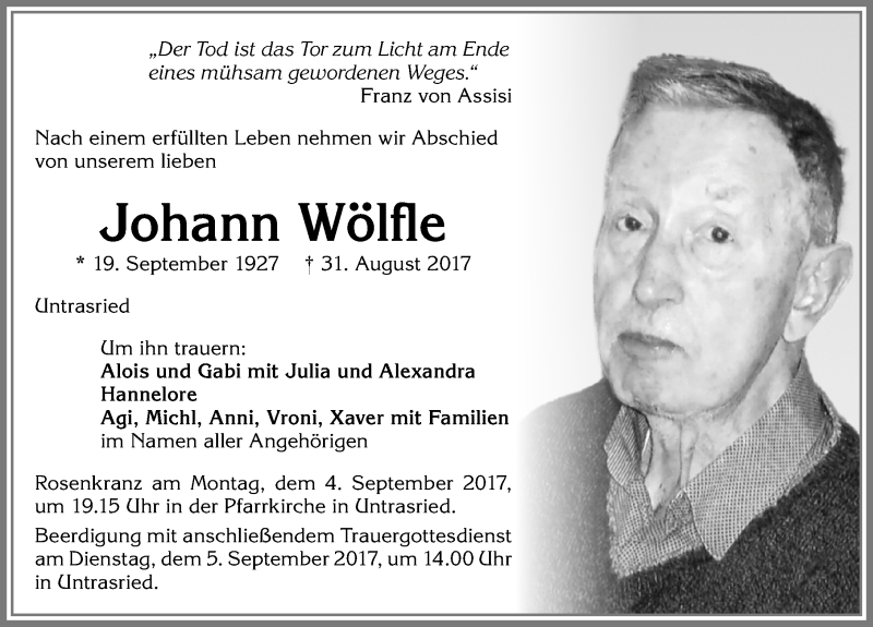 Traueranzeige von Johann Wölfle von Allgäuer Zeitung