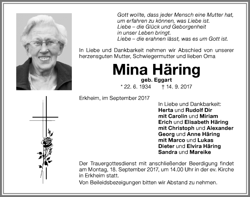 Traueranzeigen von Mina Häring | Augsburger Allgemeine Zeitung