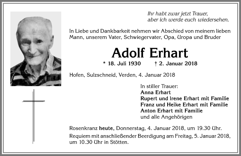 Traueranzeige von Adolf Erhart von Allgäuer Zeitung, Marktoberdorf