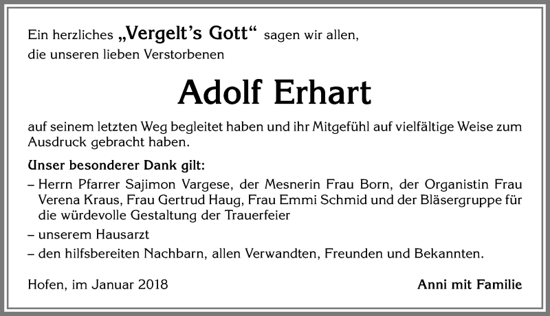 Traueranzeige von Adolf Erhart von Allgäuer Zeitung, Marktoberdorf