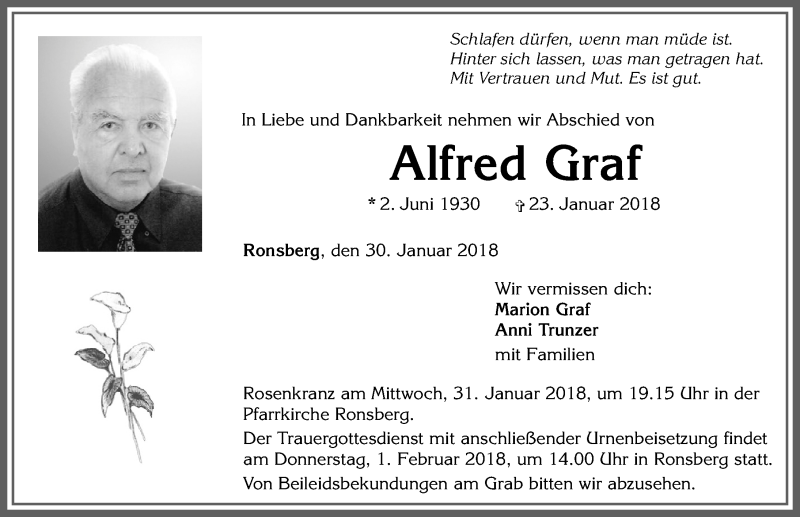  Traueranzeige für Alfred Graf vom 30.01.2018 aus Allgäuer Zeitung, Marktoberdorf