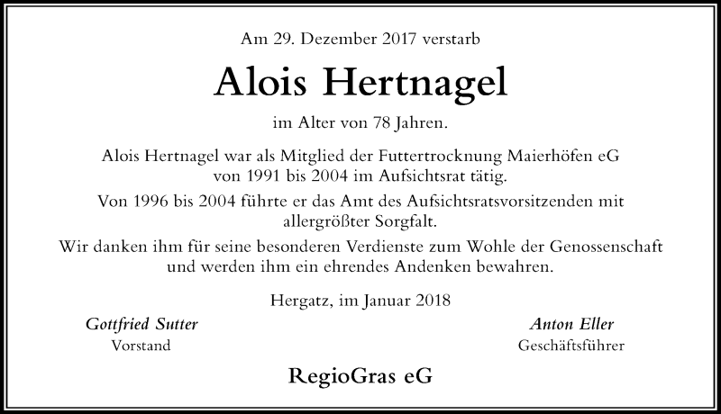 Traueranzeige von Alois Hertnagel von Der Westallgäuer