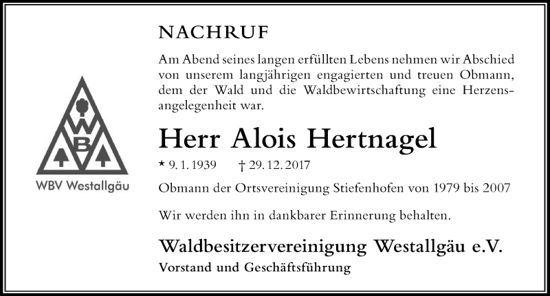 Traueranzeige von Alois Hertnagel von Der Westallgäuer