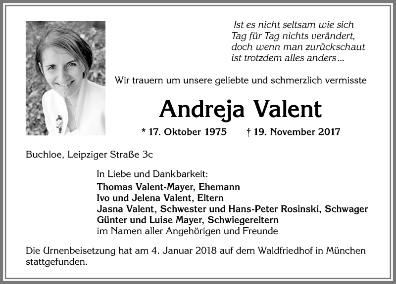 Traueranzeige von Andreja Valent von Allgäuer Zeitung, Kaufbeuren/Buchloe
