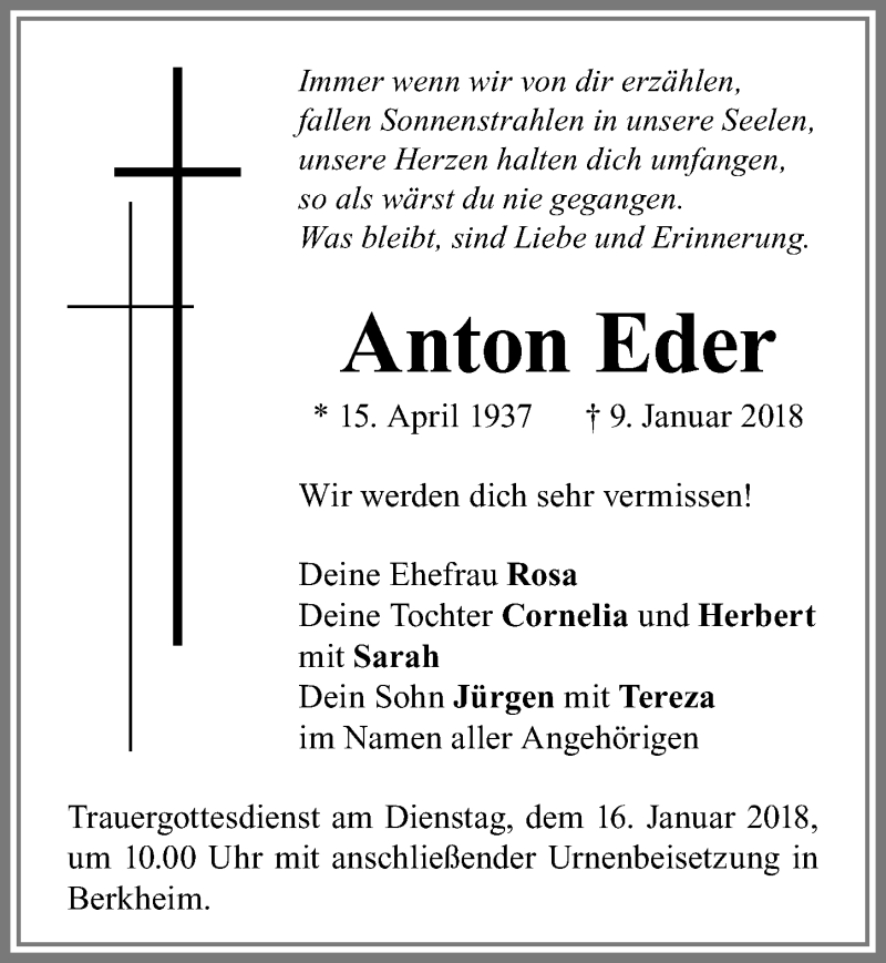 Traueranzeige von Anton Eder von Memminger Zeitung