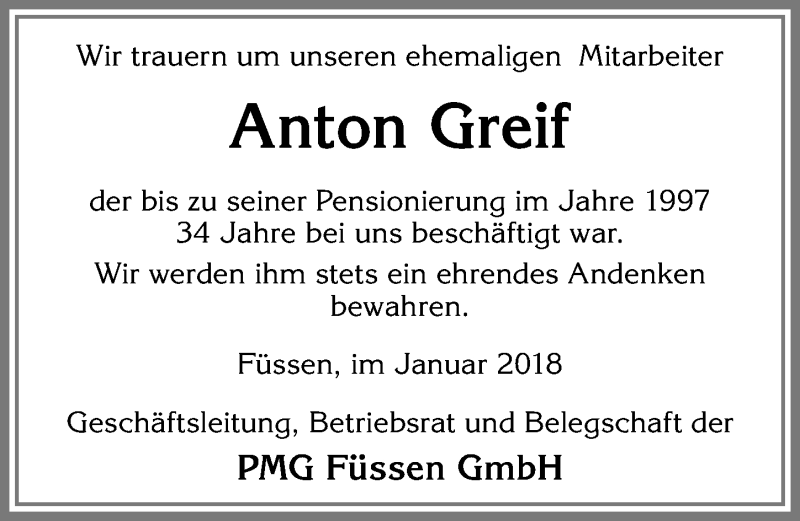 Traueranzeige von Anton Greif von Allgäuer Zeitung, Füssen