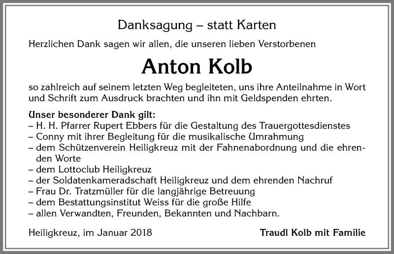 Traueranzeige von Anton Kolb von Allgäuer Zeitung,Kempten