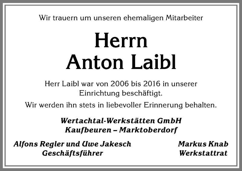 Traueranzeige von Anton Laibl von Allgäuer Zeitung, Kaufbeuren/Buchloe