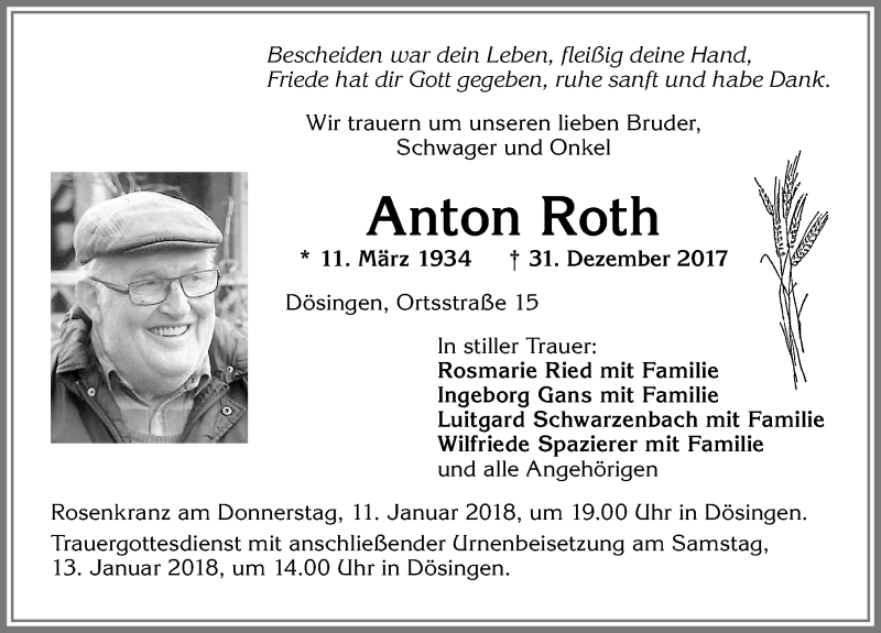 Traueranzeige von Anton Roth von Allgäuer Zeitung, Kaufbeuren/Buchloe