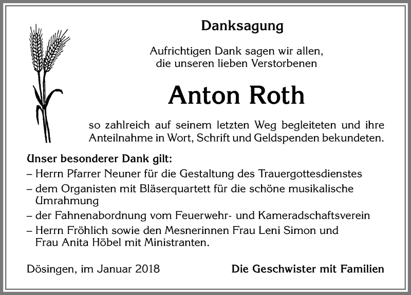 Traueranzeige von Anton Roth von Allgäuer Zeitung, Kaufbeuren/Buchloe