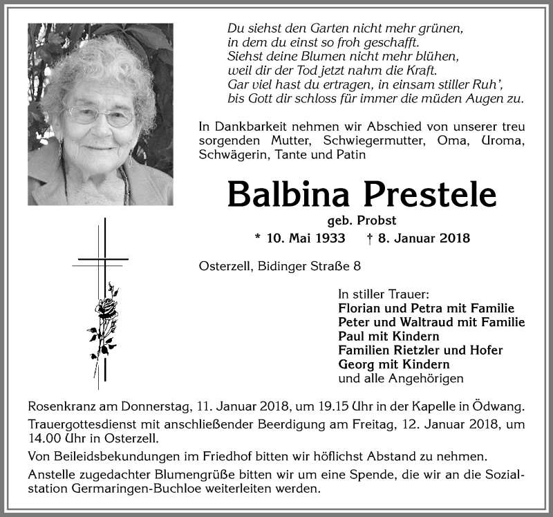 Traueranzeige von Balbina Prestele von Allgäuer Zeitung, Kaufbeuren/Buchloe