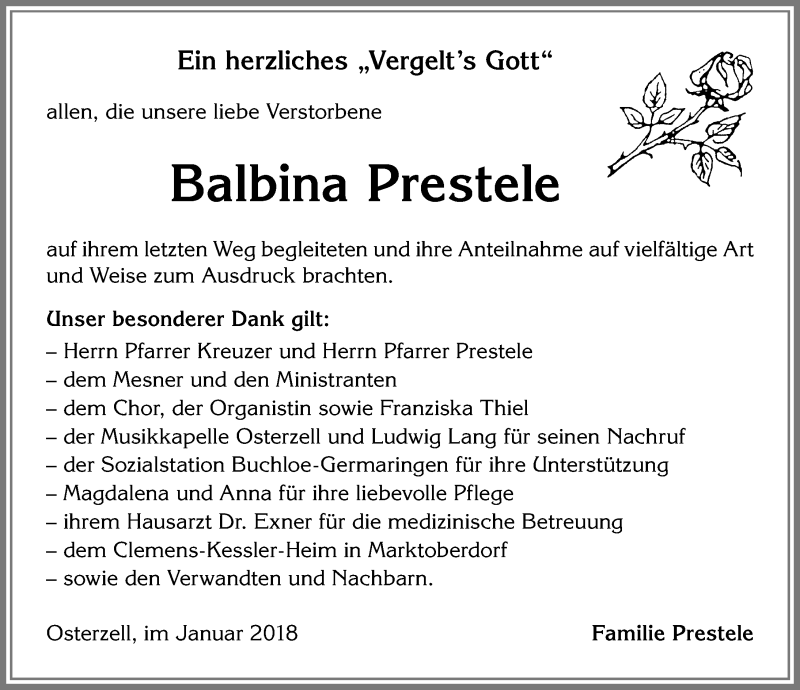 Traueranzeige von Balbina Prestele von Allgäuer Zeitung