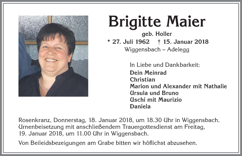 Traueranzeige von Brigitte Maier von Allgäuer Zeitung,Kempten