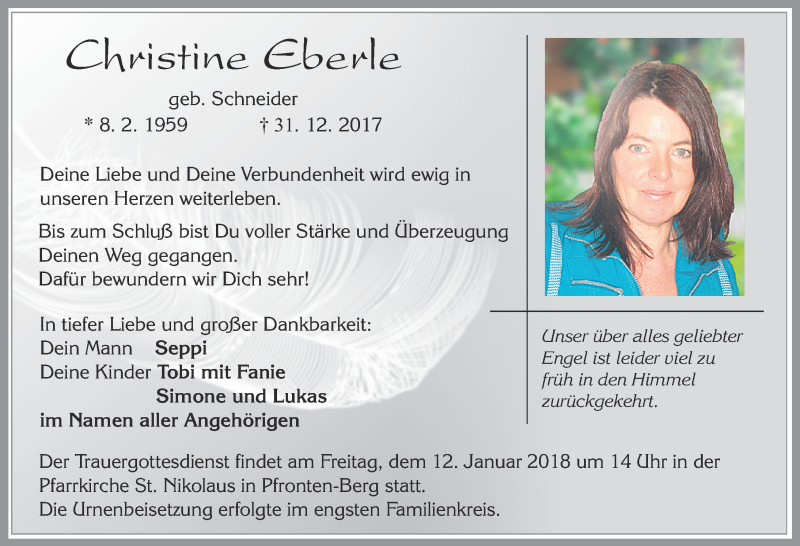  Traueranzeige für Christine Eberle vom 10.01.2018 aus Allgäuer Zeitung, Füssen
