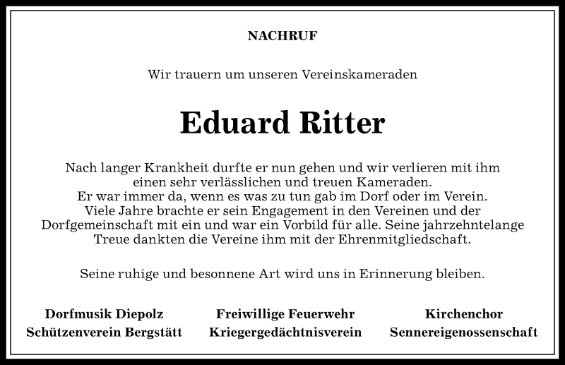 Traueranzeige von Eduard Ritter von Allgäuer Anzeigeblatt