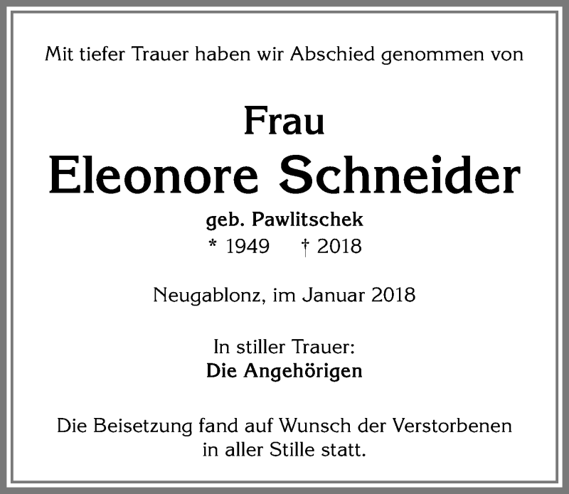 Traueranzeige von Eleonore Schneider von Allgäuer Zeitung, Kaufbeuren/Buchloe