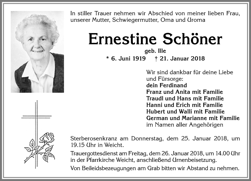 Traueranzeige von Ernestine Schöner von Allgäuer Zeitung, Kaufbeuren/Buchloe