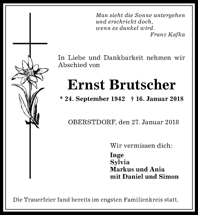 Traueranzeige von Ernst Brutscher von Allgäuer Anzeigeblatt