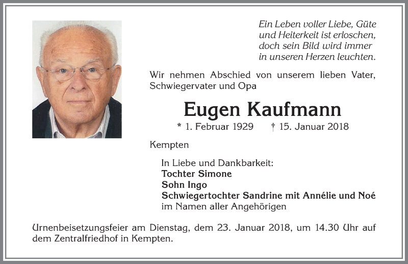 Traueranzeigen Von Eugen Kaufmann Augsburger Allgemeine Zeitung