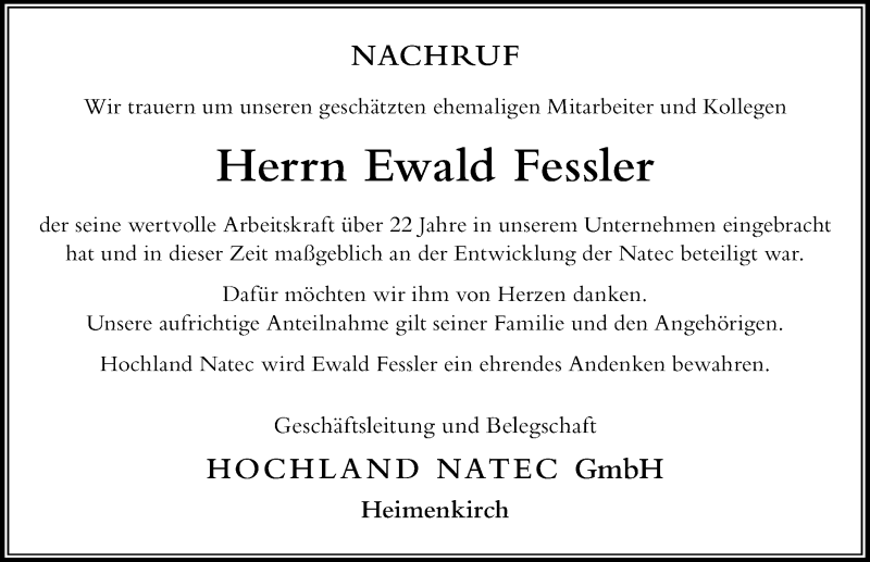 Traueranzeige von Ewald Fessler von Der Westallgäuer