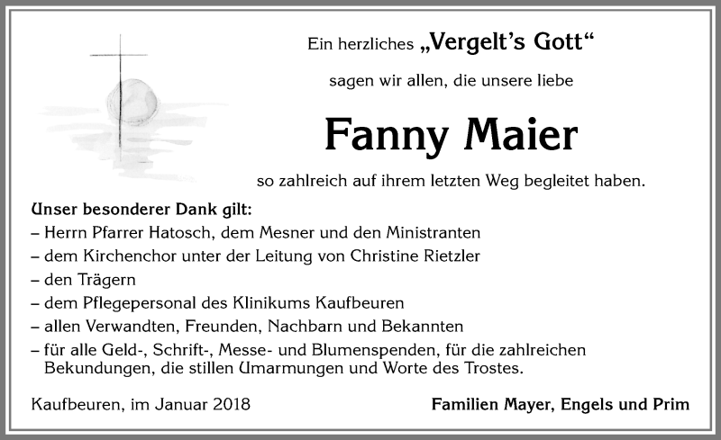 Traueranzeige von Fanny Maier von Allgäuer Zeitung, Kaufbeuren/Buchloe