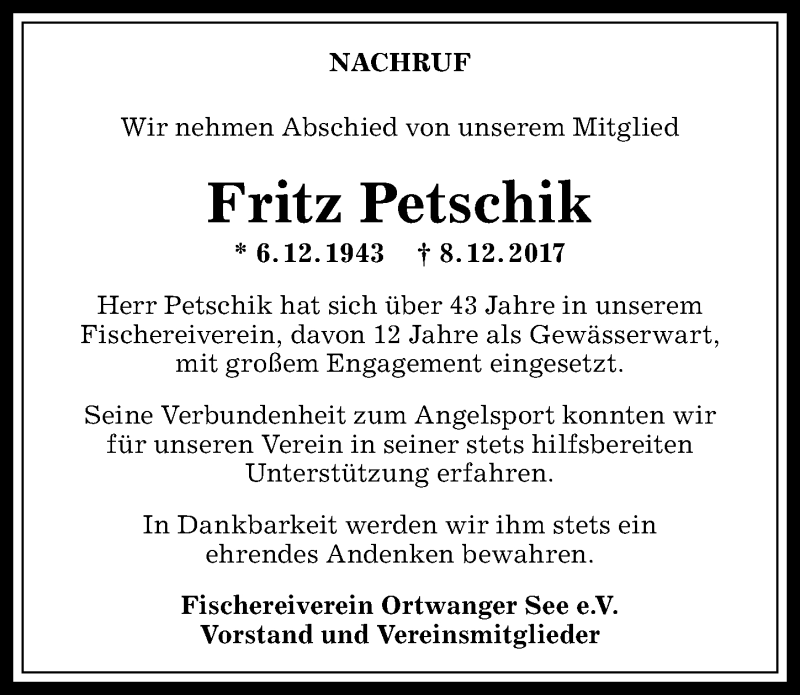 Traueranzeige von Fritz Petschik von Allgäuer Anzeigeblatt