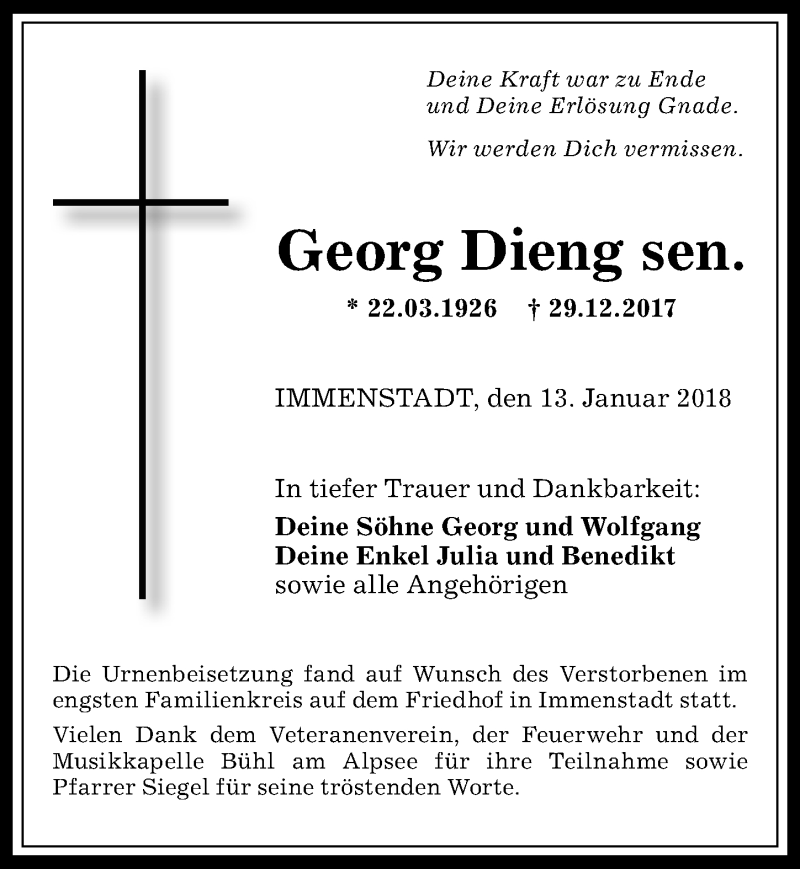 Traueranzeige von Georg Dieng von Allgäuer Anzeigeblatt