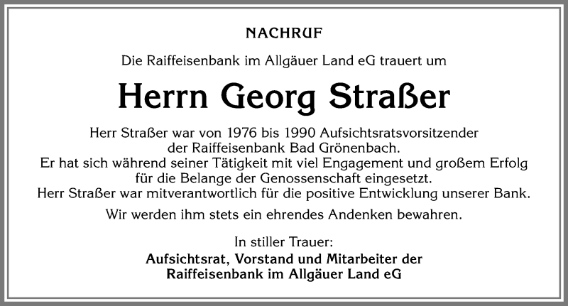 Traueranzeige von Georg Straßer von Memminger Zeitung