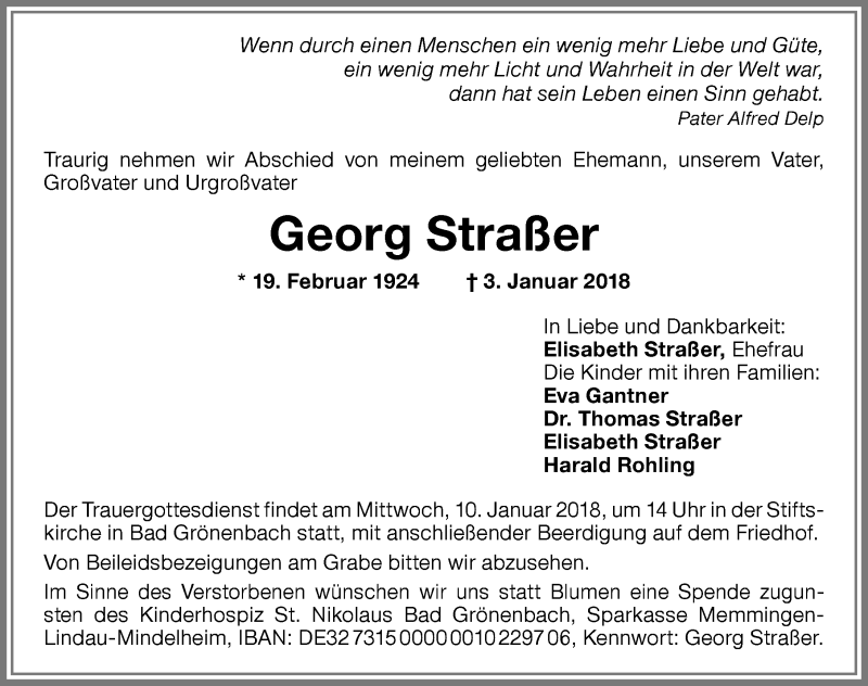 Traueranzeige von Georg Straßer von Memminger Zeitung
