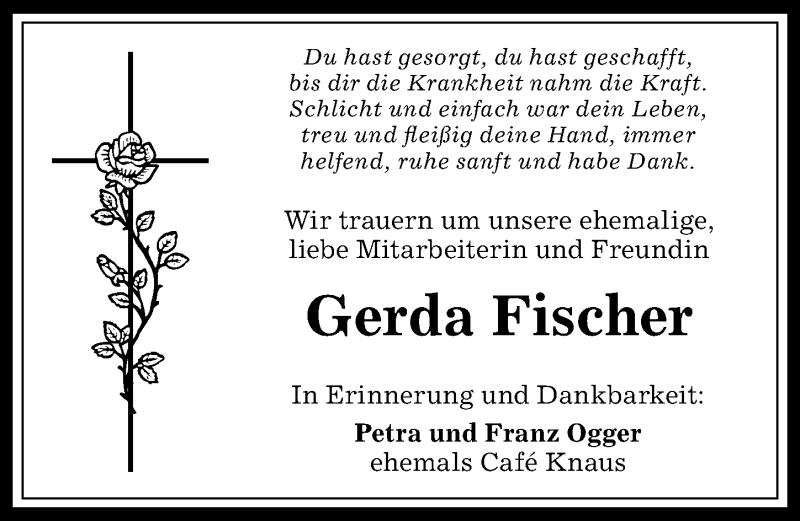 Traueranzeige von Gerda Fischer von Allgäuer Anzeigeblatt