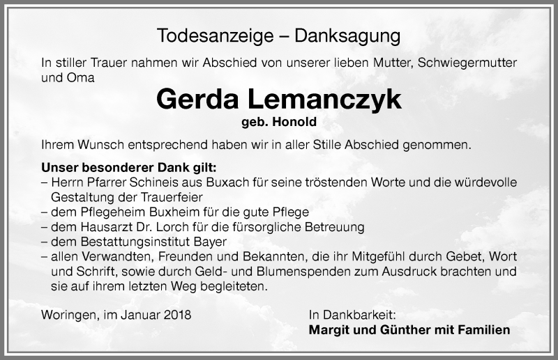 Traueranzeige von Gerda Lemanczyk von Memminger Zeitung