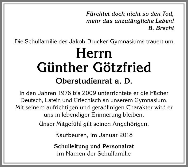 Traueranzeige von Günther Götzfried von Allgäuer Zeitung, Kaufbeuren/Buchloe